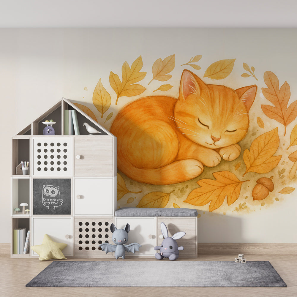 Fall-themed kitten wallpaper bringing seasonal charm to kids playroom by Kids-Mundo