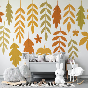 Colorful fall foliage wallpaper creating cozy kids bedroom atmosphere with warm tones