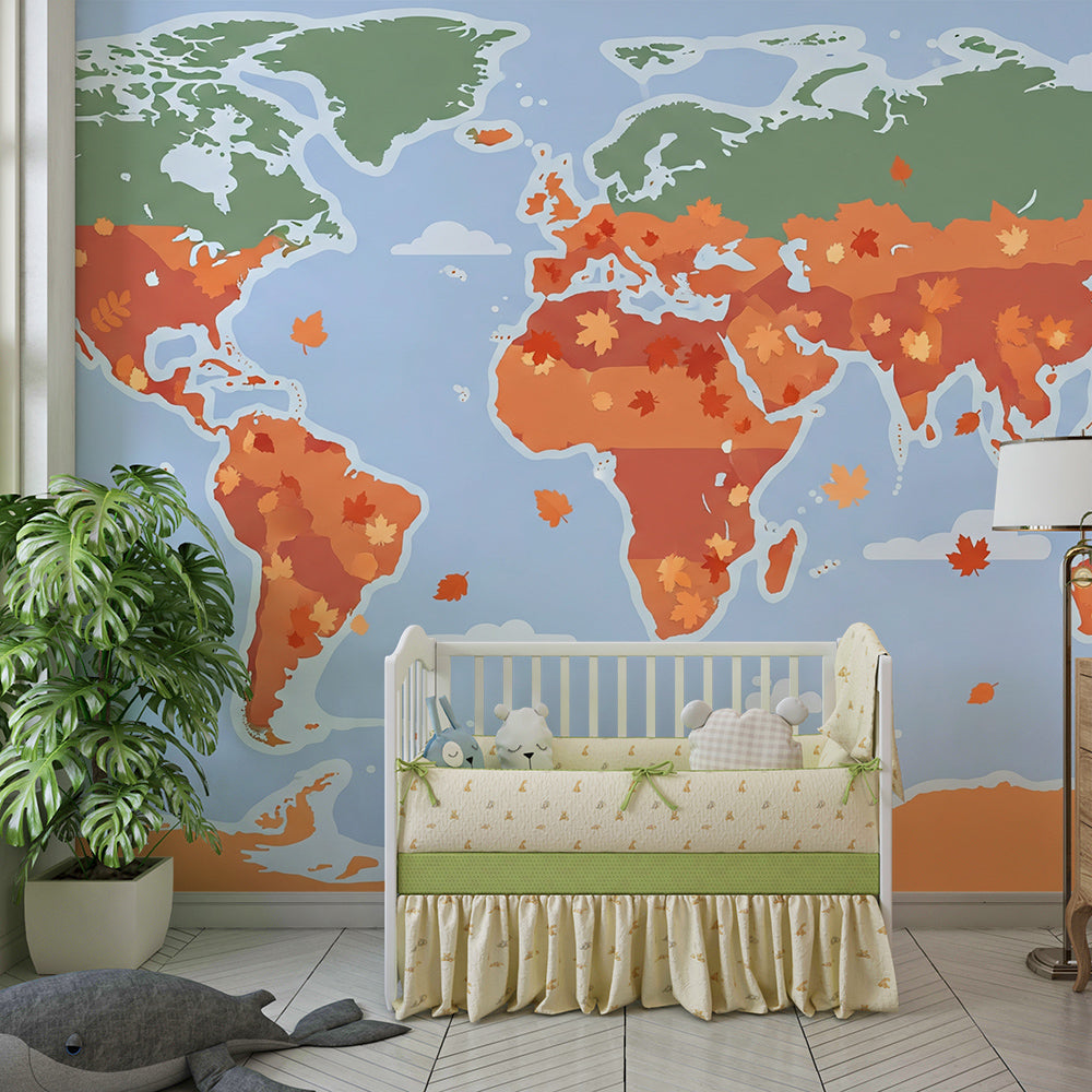 Kids-Mundo world map wallpaper with autumn leaves on a kids bedroom wall
