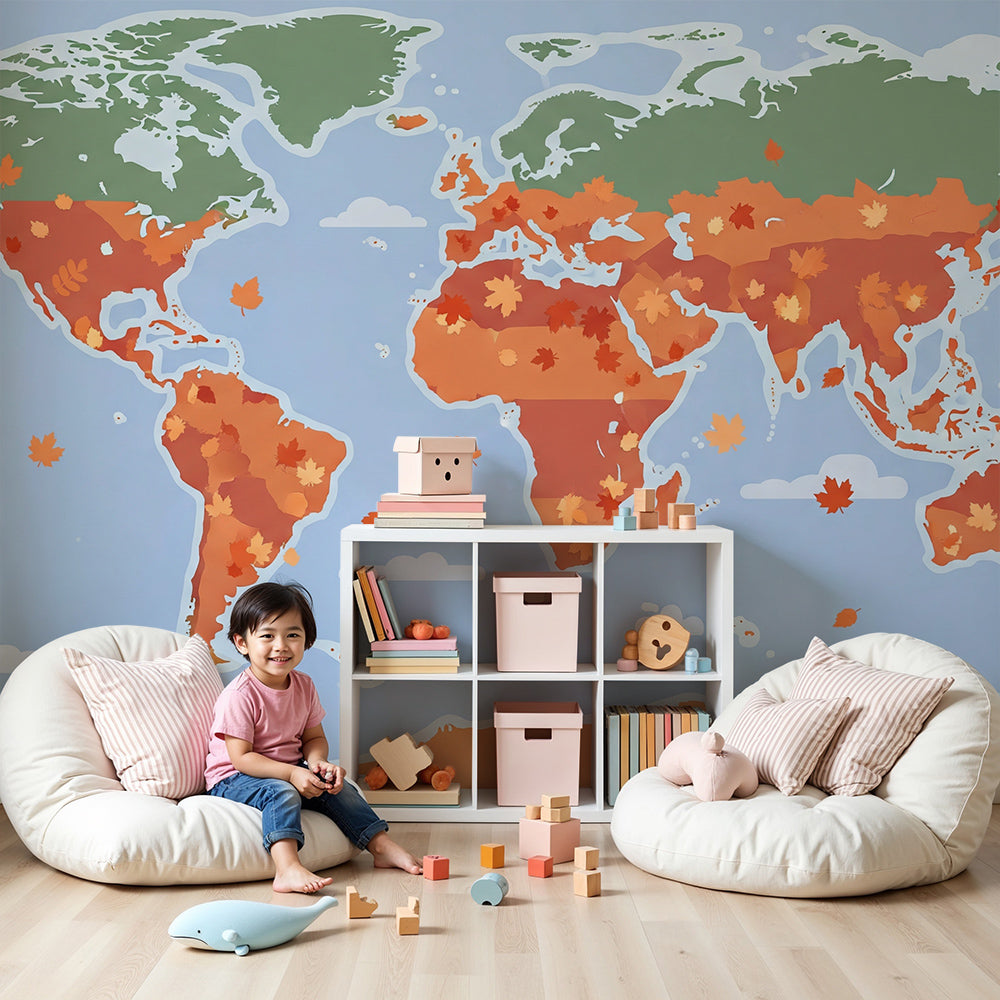 Kids-Mundo autumn leaves world map wall mural made to measure in a warm nursery