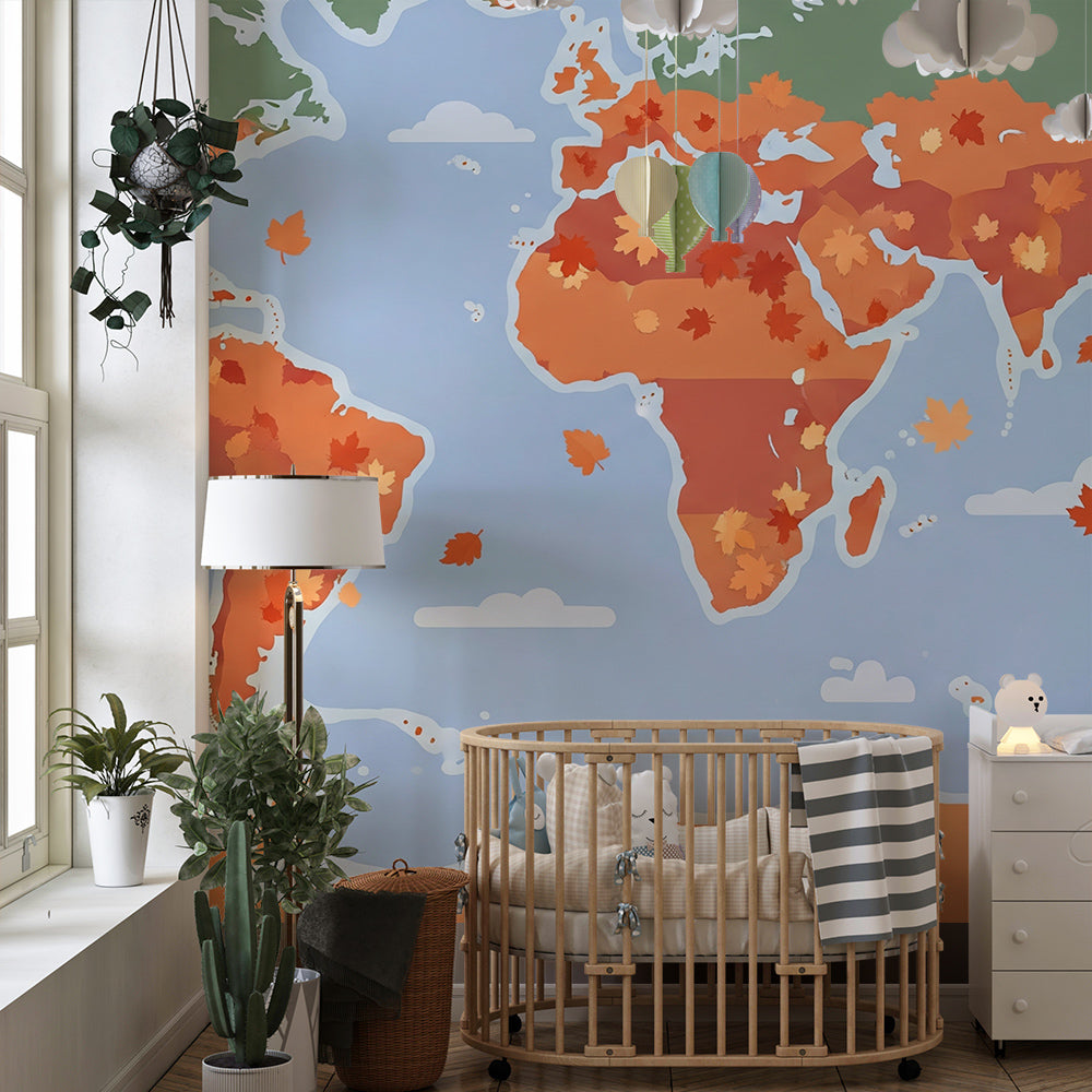 Kids-Mundo autumn-toned world map mural brightening a children's playroom