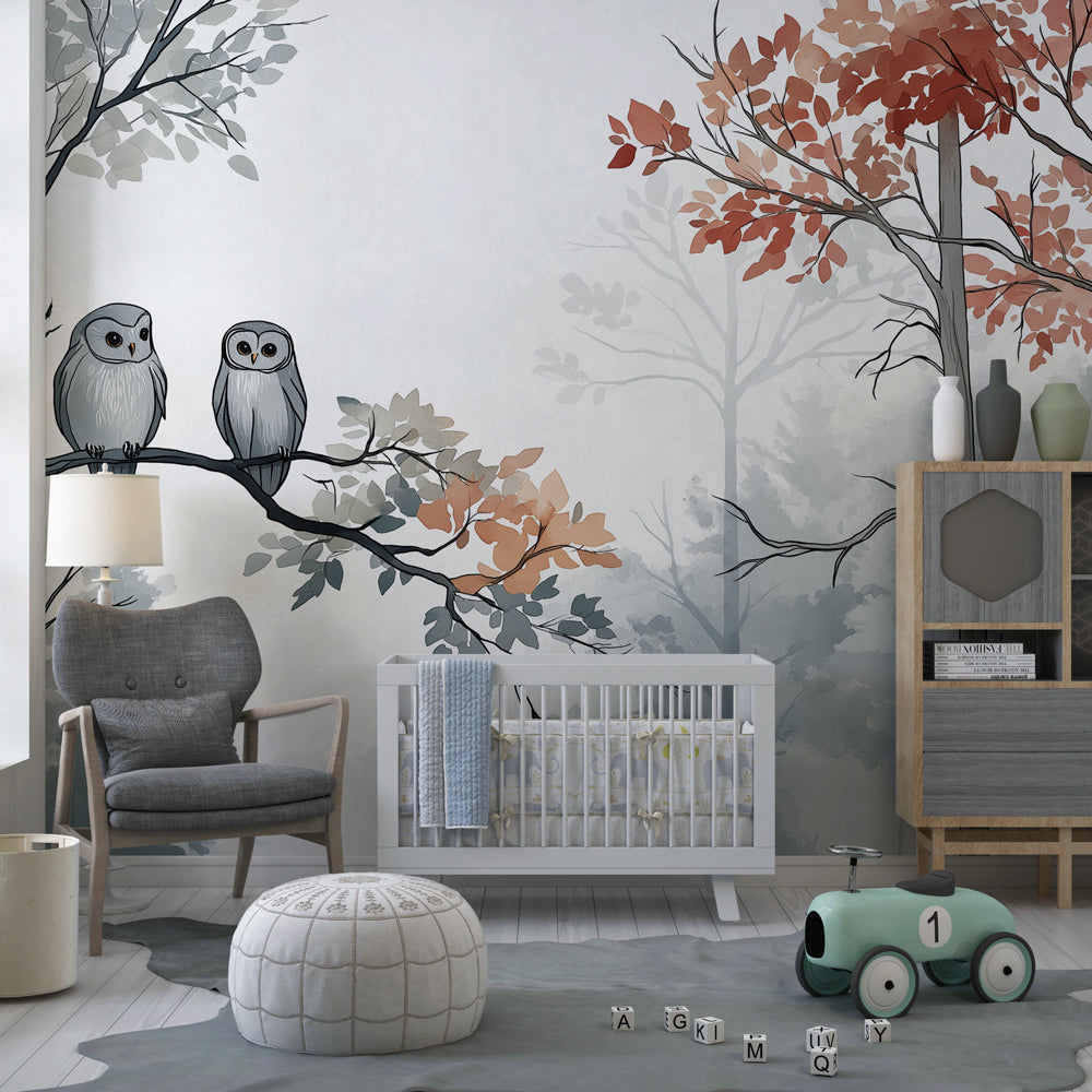 Owl themed forest wallpaper transforming children's playroom into nature sanctuary