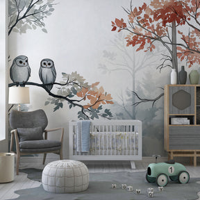 Owl themed forest wallpaper transforming children's playroom into nature sanctuary