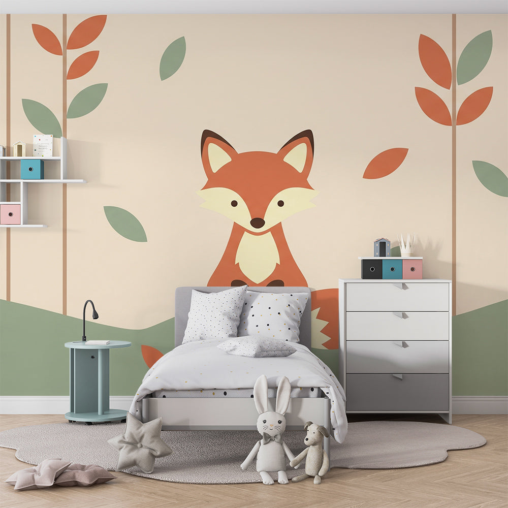 Kids-Mundo woodland fox wall mural covering the feature wall of a cosy kids bedroom.