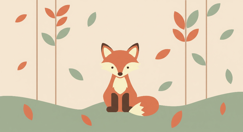 Kids-Mundo flat artwork of a sitting fox among terracotta and sage autumn leaves.