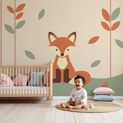 Kids-Mundo autumn fox wall mural styled in a soft neutral nursery behind a wooden cot.