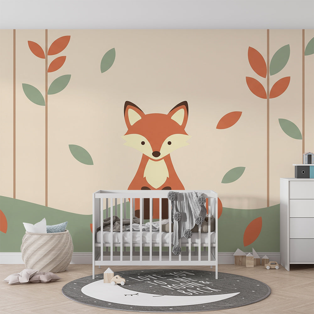Kids-Mundo fox and falling leaves wall mural brightening a playroom reading corner.