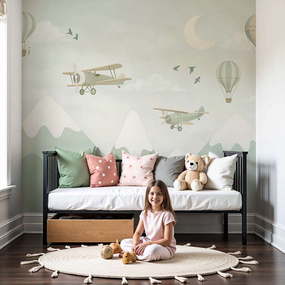 Aviation mural wallpaper with planes and hot air balloons in modern nursery by Kids-Mundo