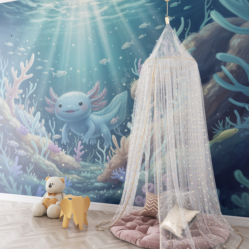 Kids-Mundo axolotl and coral reef underwater wall mural styled in a kids bedroom