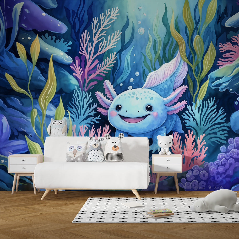 Axolotl and coral reef wall mural by Kids-Mundo on a feature wall in a kids bedroom