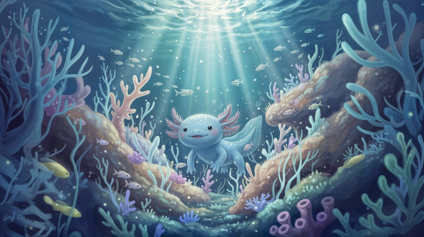 Kids-Mundo axolotl and coral reef underwater original flat artwork design for this wall mural