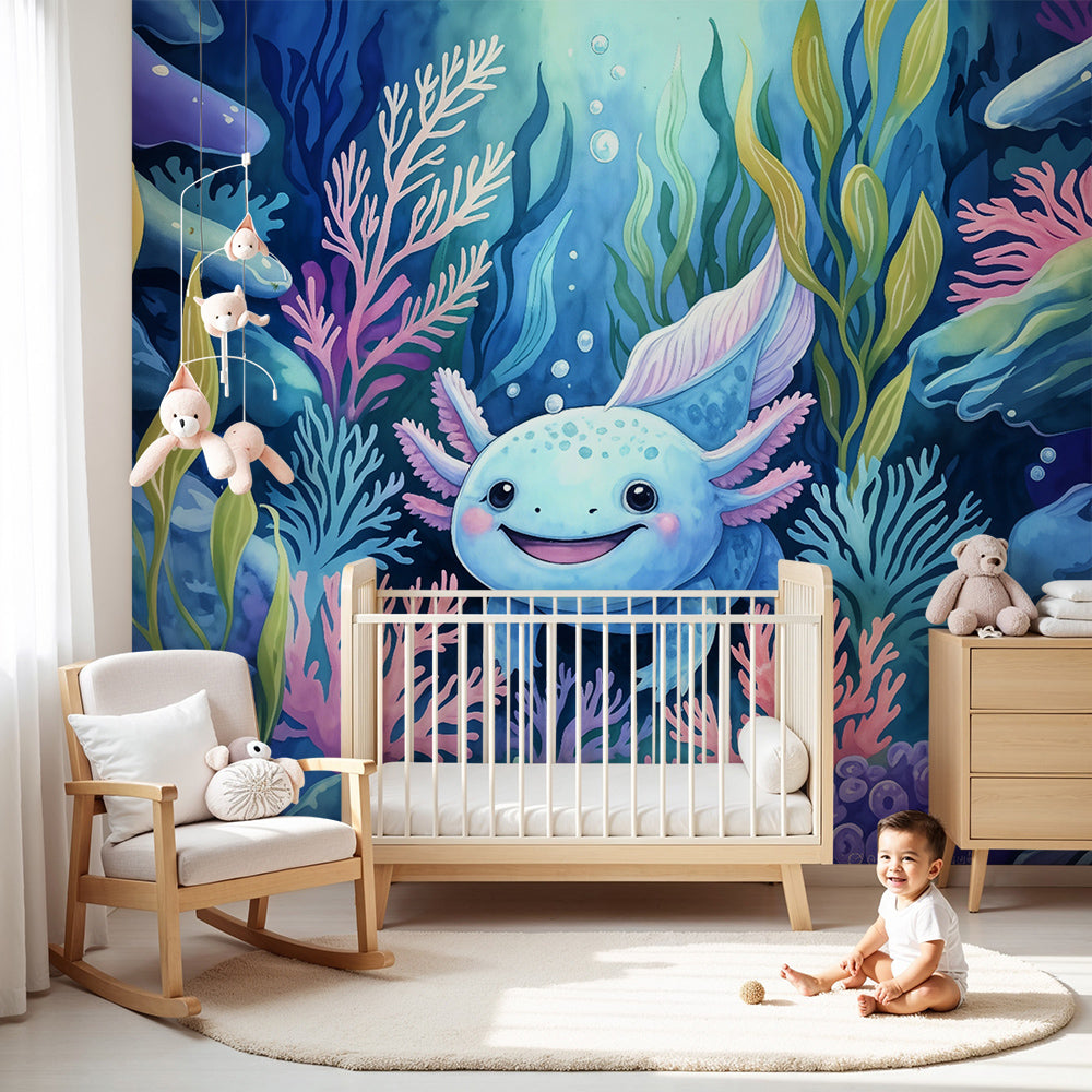 Kids-Mundo axolotl ocean wall mural styled in a vivid, sea-themed nursery with a cot