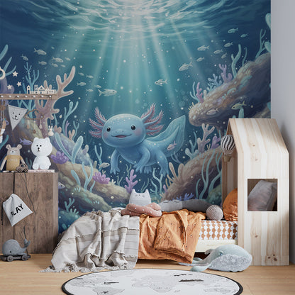 Kids-Mundo axolotl and coral reef underwater wall mural featured in a colourful playroom