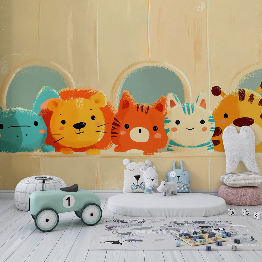 Kids-Mundo row of baby animals mural adding character to a kids bedroom wall.
