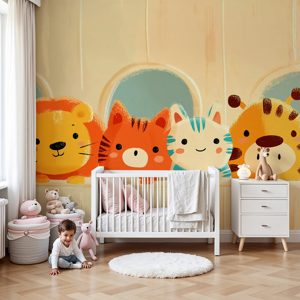 Kids-Mundo cute animal friends wall mural brightening a warm, welcoming nursery.