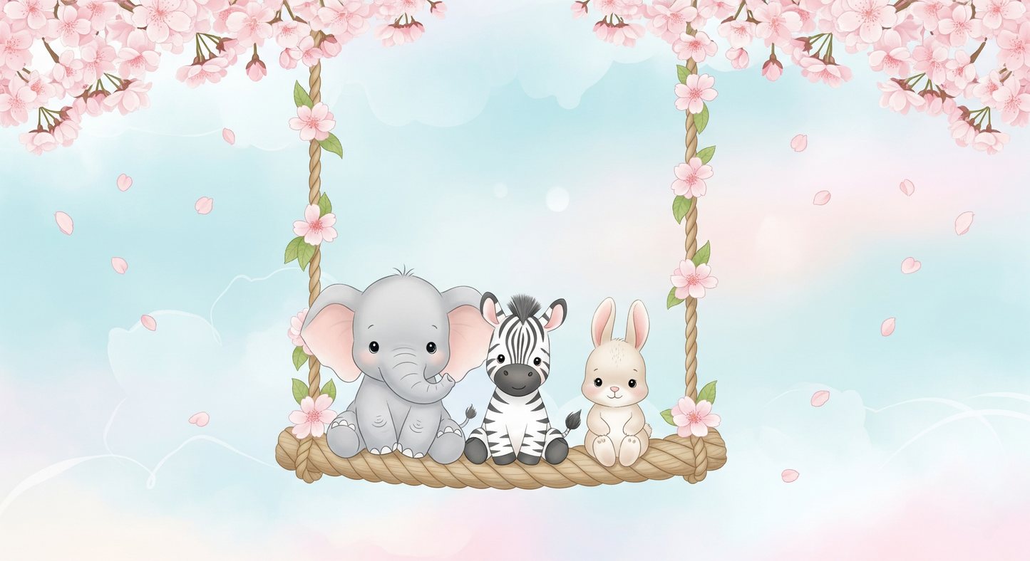 Flat artwork preview of the Kids-Mundo baby animals on a cherry blossom swing mural