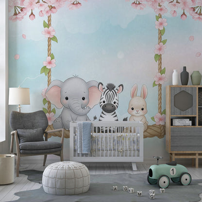 Animal blossom swing wall mural from Kids-Mundo brightening a playful playroom wall
