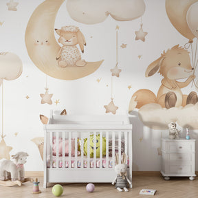 Dreamy clouds and animals wallpaper transforming toddler bedroom into peaceful sanctuary