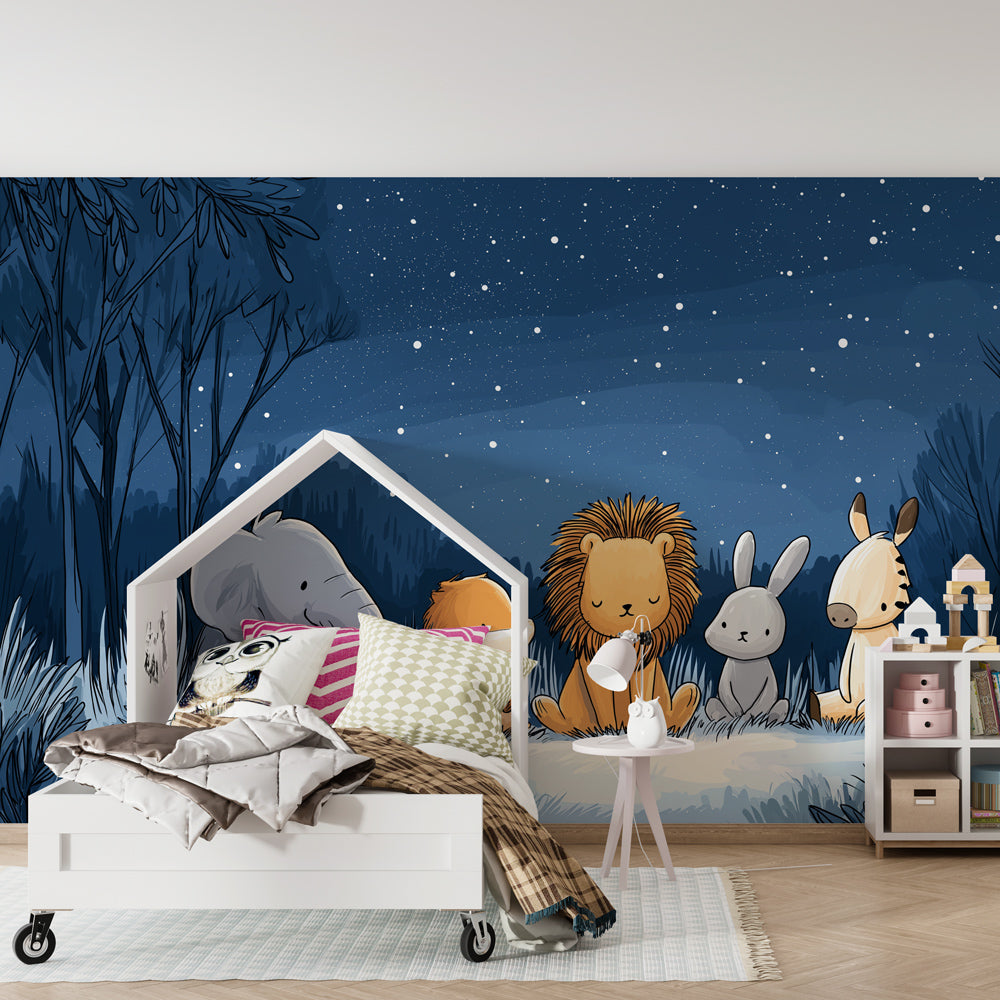 Soothing blue and gray baby animal wallpaper with lion elephant fox in nursery decor