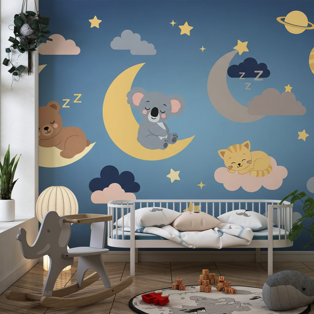 Starry night baby animals wallpaper creating peaceful nursery atmosphere with crib setup