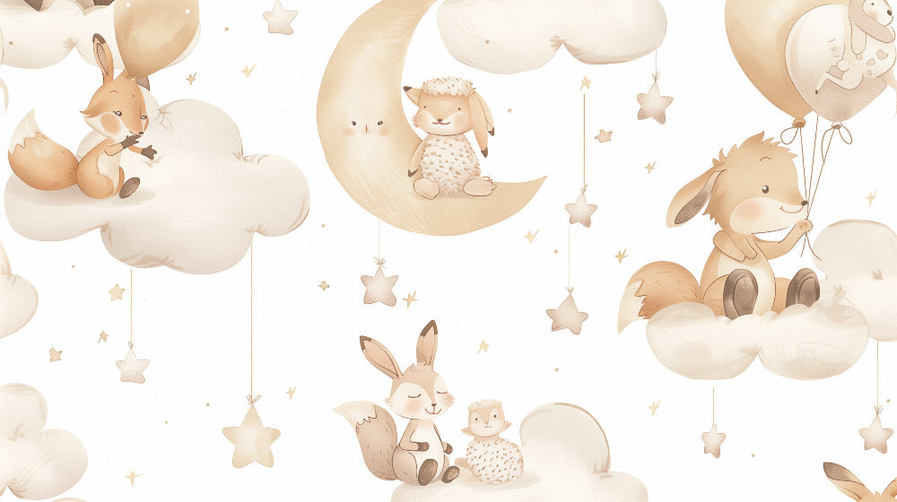 Detailed baby animals on clouds mural wallpaper design pattern with stars by Kids-Mundo