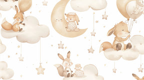 Detailed baby animals on clouds mural wallpaper design pattern with stars by Kids-Mundo