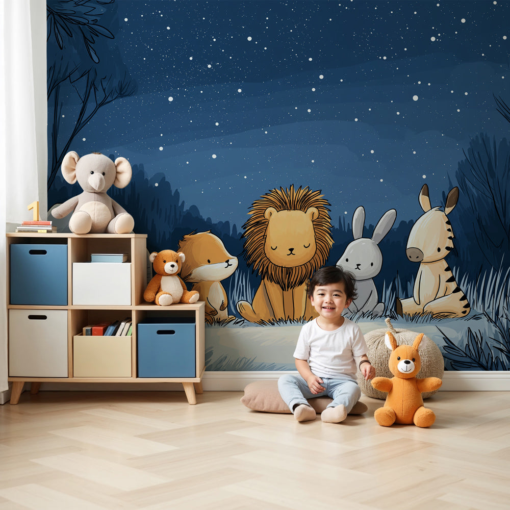 Baby animals safari mural wallpaper in peaceful nursery with natural wood crib by Kids-Mundo