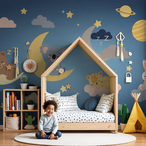 Baby animals mural wallpaper with starry night theme decorating modern nursery by Kids-Mundo