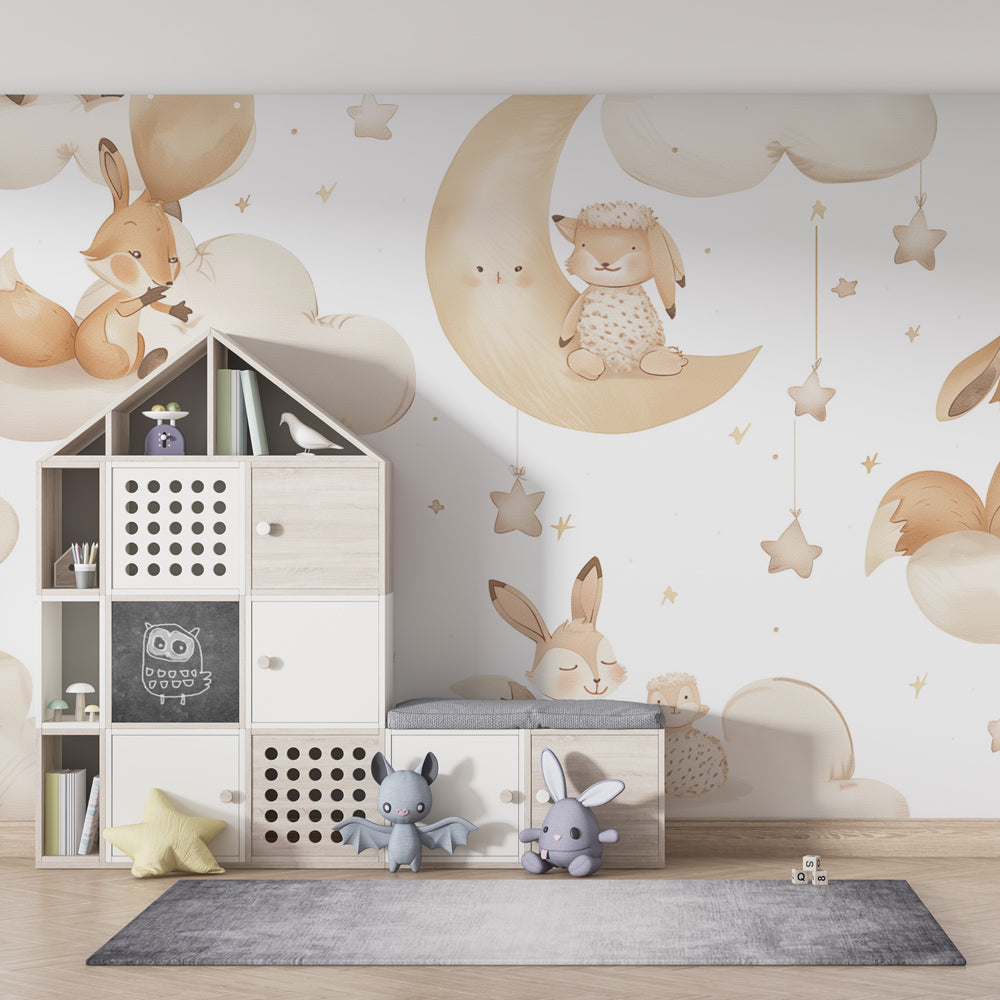 Baby nursery featuring gentle animal cloud wallpaper in soft beige tones by Kids-Mundo