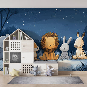 Cute safari animals under stars mural wallpaper creating cozy baby bedroom atmosphere