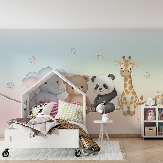 Kids-Mundo elephant bear panda and giraffe wall mural covering a bedroom feature wall