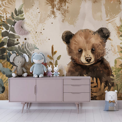 Kids-Mundo woodland bear cub wall mural in a cosy kids' bedroom setting