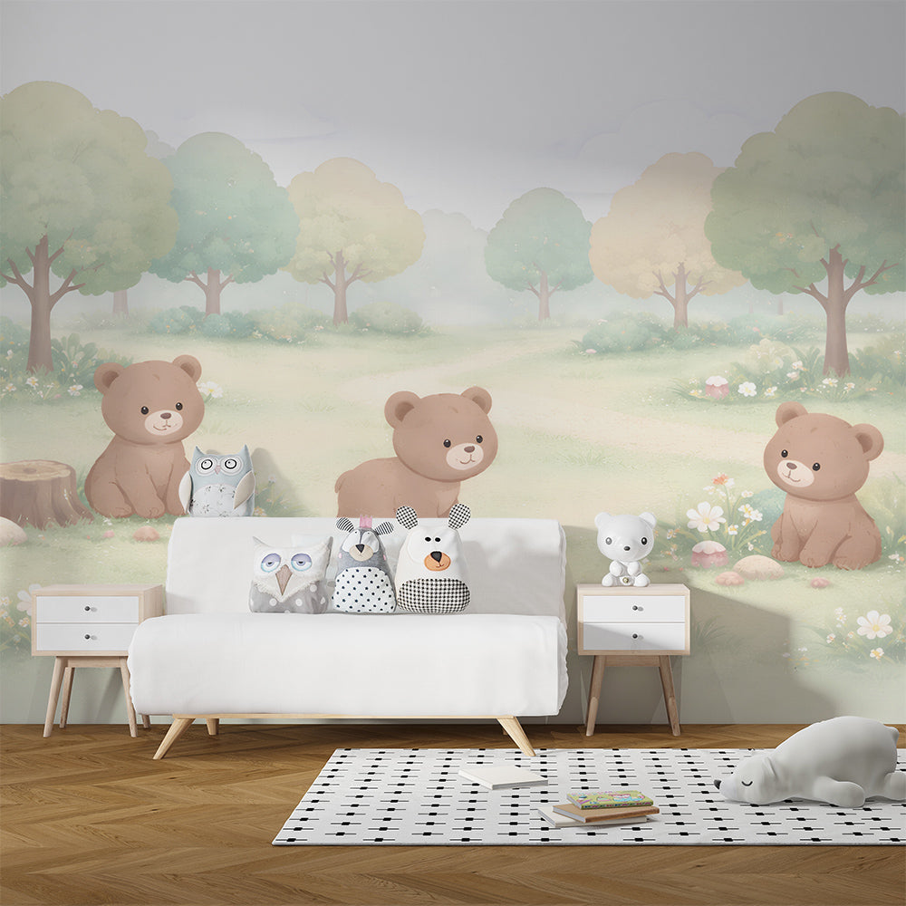Kids-Mundo bear cub forest mural covering a feature wall in a child's bedroom