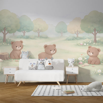 Kids-Mundo bear cub forest mural covering a feature wall in a child's bedroom