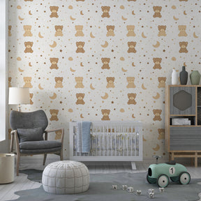 Soft beige teddy bear wallpaper transforming modern baby room into dreamy space
