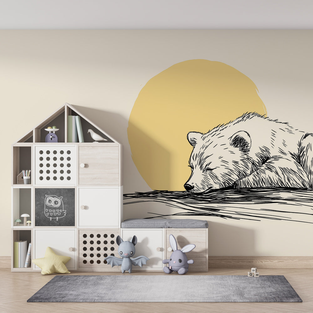 Gentle baby bear wallpaper with golden sun accent in modern nursery decor by Kids-Mundo