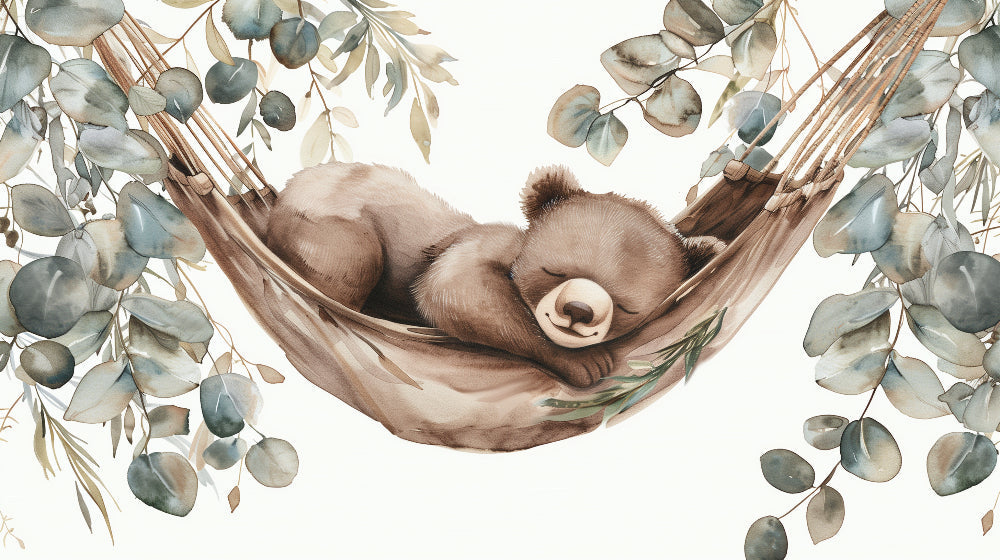 Detailed baby bear in hammock wallpaper design pattern with eucalyptus leaves by Kids-Mundo