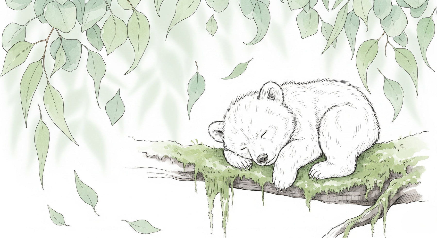 Detailed baby bear sleeping on branch mural wallpaper design pattern by Kids-Mundo