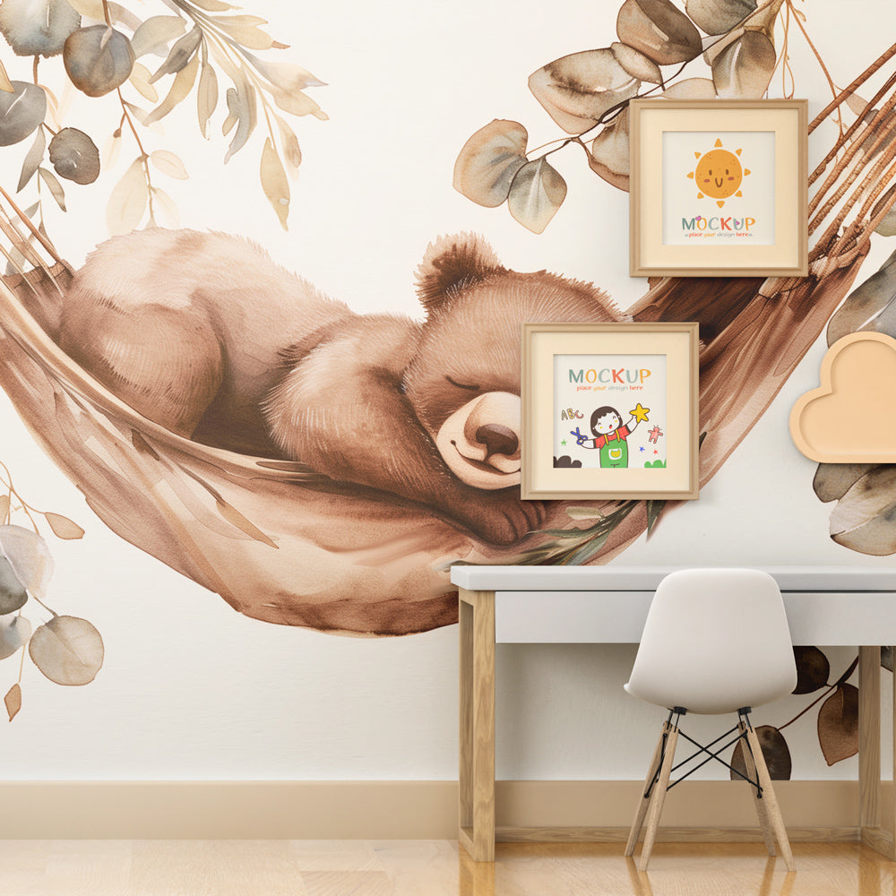 Bear and eucalyptus mural wallpaper transforming nursery into woodland sanctuary by Kids-Mundo