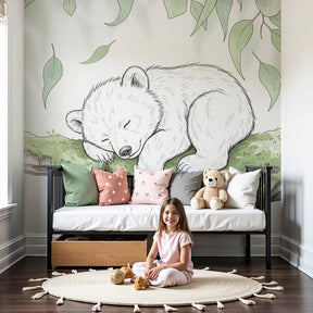 Baby bear sleeping on branch mural wallpaper in peaceful nursery room by Kids-Mundo