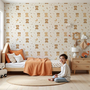 Baby bear and stars mural wallpaper creating peaceful nursery atmosphere by Kids-Mundo