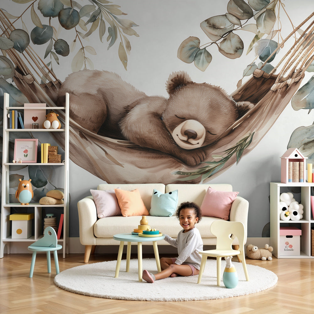 Baby bear eucalyptus mural wallpaper creating peaceful nursery atmosphere by Kids-Mundo