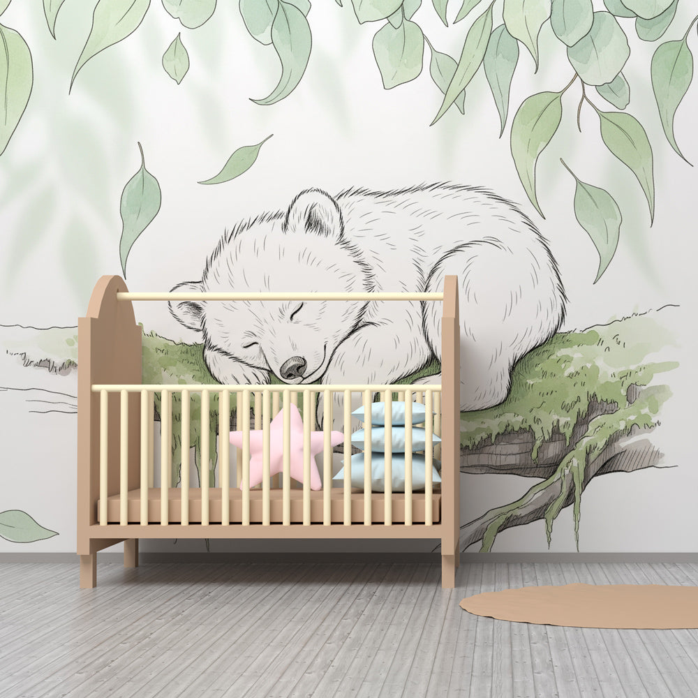 Gentle forest animal mural wallpaper with sleeping bear for kids playroom decor
