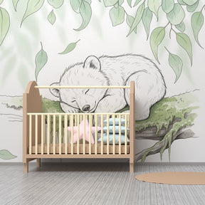 Gentle forest animal mural wallpaper with sleeping bear for kids playroom decor
