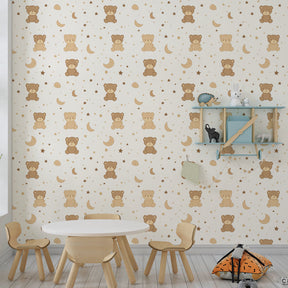 Gentle bear and star mural wallpaper for cozy toddler bedroom by Kids-Mundo