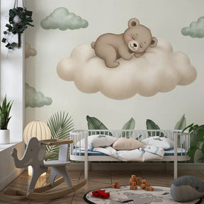 Dreamy bear mural wallpaper transforming toddler bedroom into magical sleep space