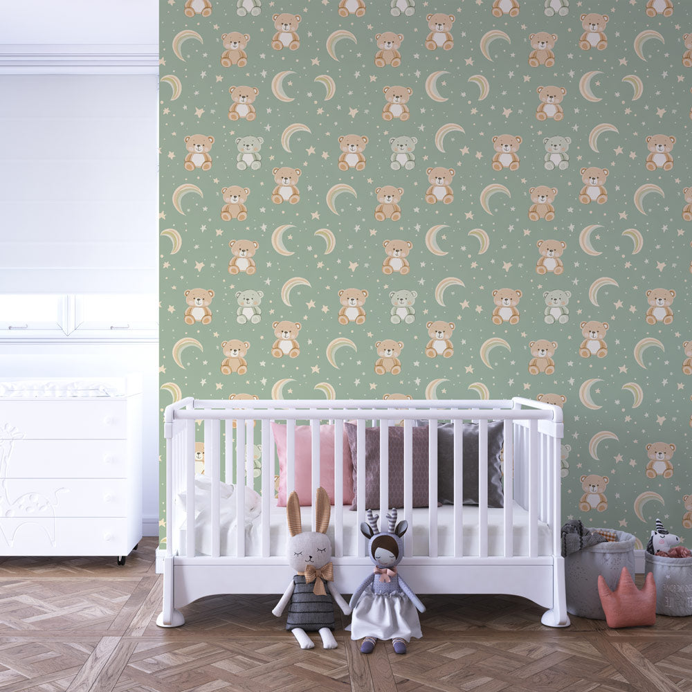 Gentle green baby bears mural wallpaper with soft rainbow accents for kids room