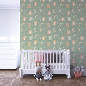 Gentle green baby bears mural wallpaper with soft rainbow accents for kids room