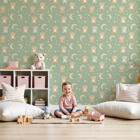 Baby bears and rainbow mural wallpaper creating serene nursery decor by Kids-Mundo