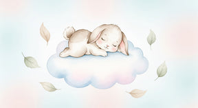 Detailed baby bunny mural wallpaper design pattern showing sleeping rabbit on cloud by Kids-Mundo